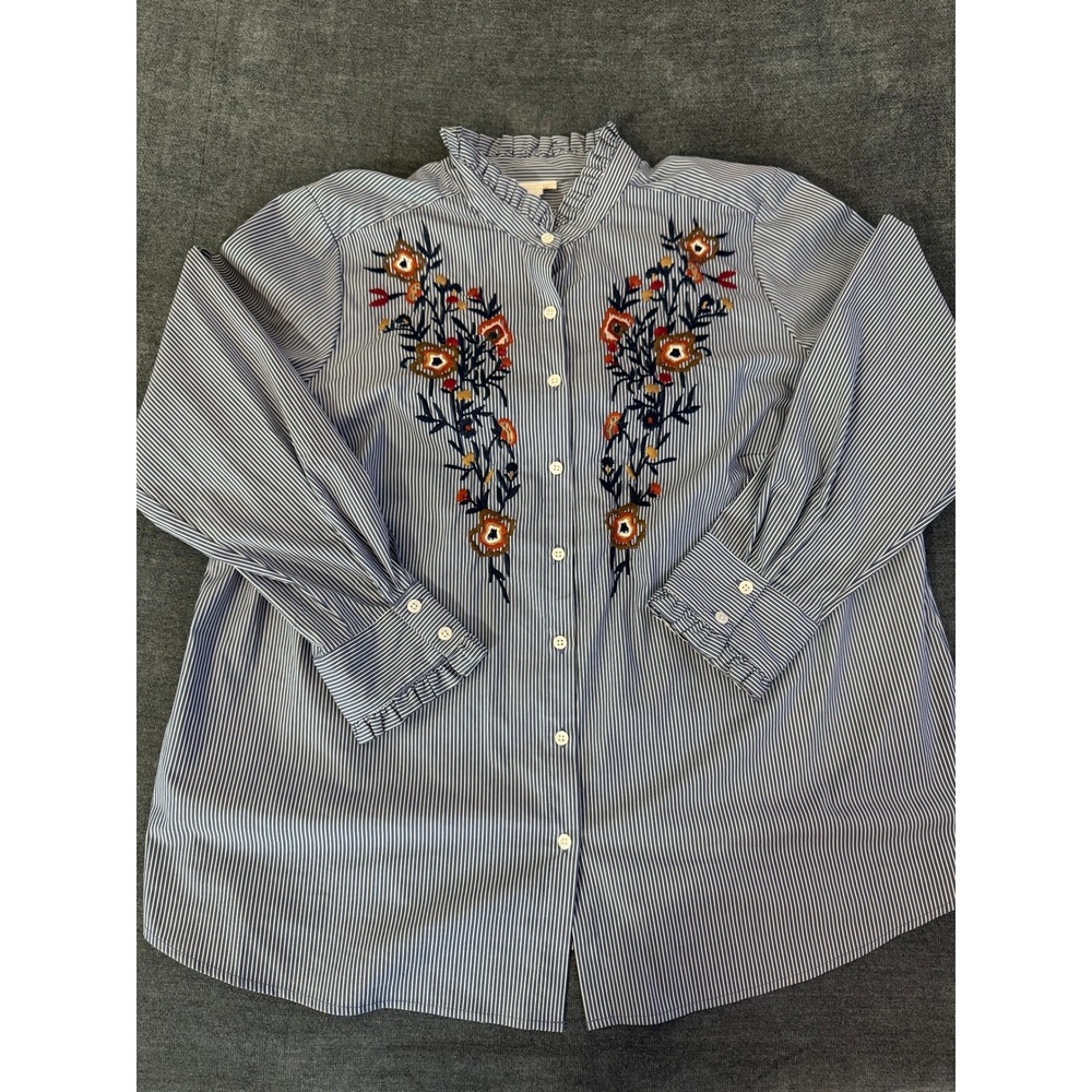 Westport 1962 Blue White Pinstripe Floral Embroidered Ruffle Neck Blouse 2X